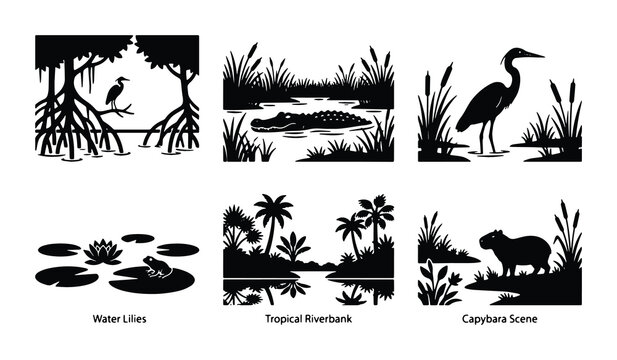 Wetland Wildlife Vector Icons: Alligator, Heron, Capybara, Frog, Mangrove Ecosystems