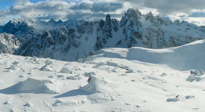 Panorama of Dolomites Mountains During Winter