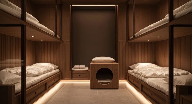 Minimalist wooden bunk room with subtle lighting, featuring built-in storage and a pet bed
