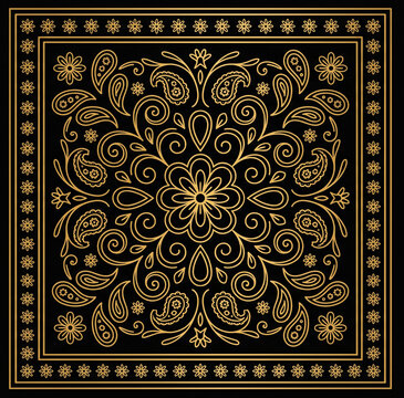 Luxury black and gold bandana pattern featuring an ornate central floral medallion.