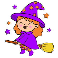 Fototapeta premium Cute little witch flying on a broomstick with magic stars
