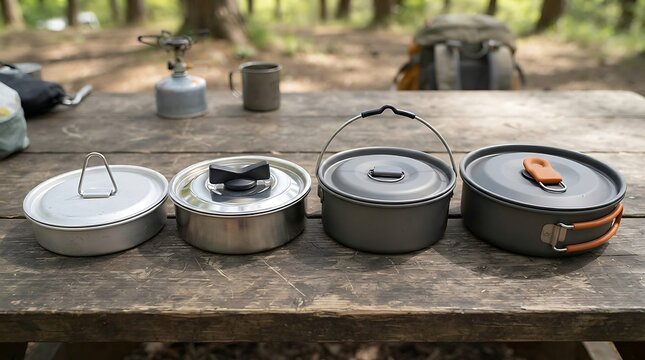 Set of camping cookware and metal pots displayed on a wooden picnic table outdoors with camp cookware cooking gear camping equipment