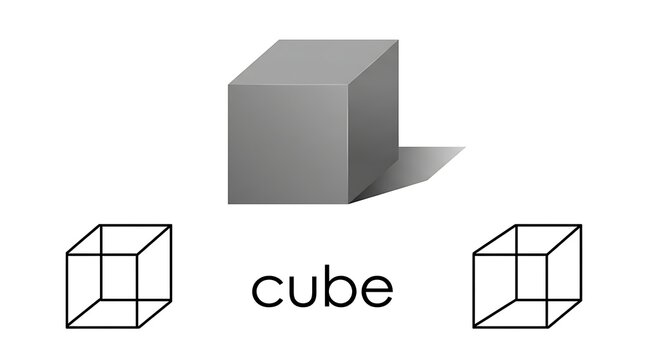 Grey 3D cube with black outline wireframe sketches and text label on white background