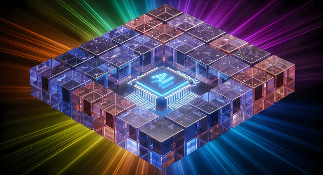 Intricate fractal structure illuminated by vibrant rainbow colored light beams