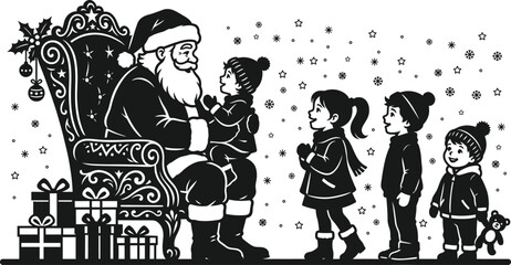 Fototapeta premium Silhouette of Santa Claus sitting on a chair with happy children