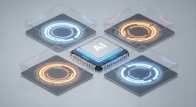 Microchip central processing unit surrounded by digital data flow concepts