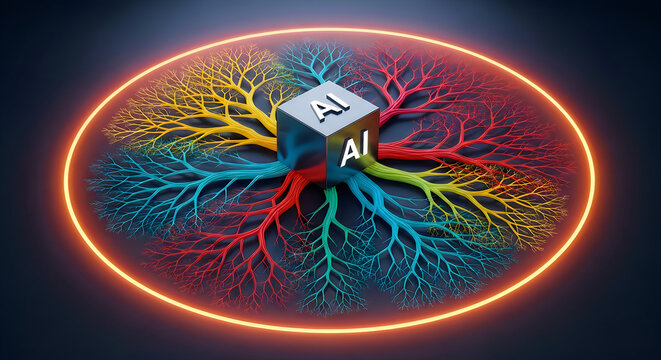 Abstract colorful network with glowing circular frame and central data