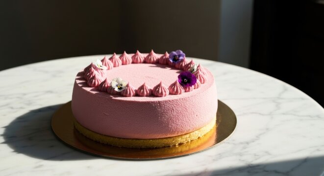 Pink mousse cake on marble table, decorated with edible pansies, sunlit