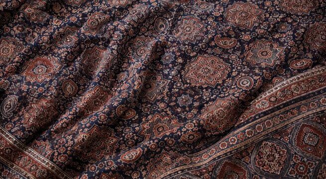 Draped navy and rust Persian-style textile with intricate medallion and paisley pattern, ornamental border and rich woven texture, vintage decorative rug close-up