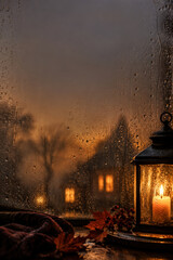 Obraz premium Misty Haunted Window with Lantern and Pumpkin for Halloween Posters, Invitations and Seasonal Design