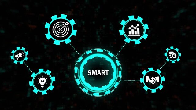 smart business concept with glowing digital gear icons and connected data dashboard animation. innovation and business development conceptual motion graphics with glowing cyan elements.