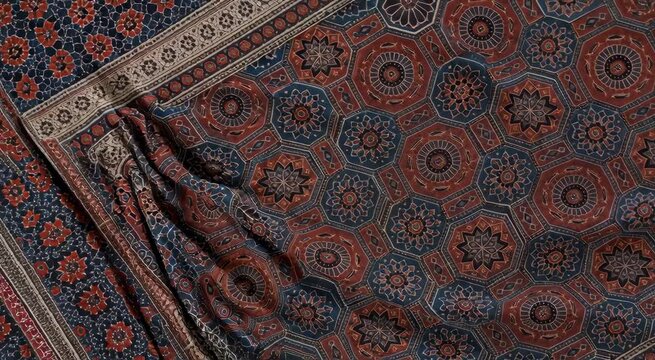 Rich geometric textile with octagon and star motifs in navy, rust and cream, ornate border and subtle draping
