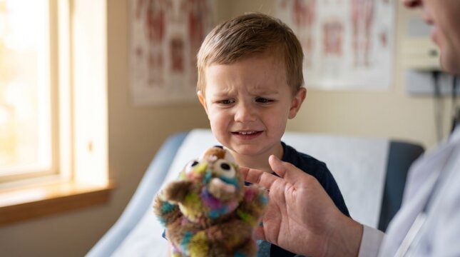 Young child playing with toy during medical checkup in clinic