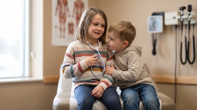 Children playing doctor with stethoscope in medical clinic examination room