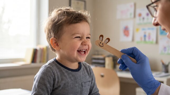 Healthcare provider showing puppet to laughing toddler during medical visit