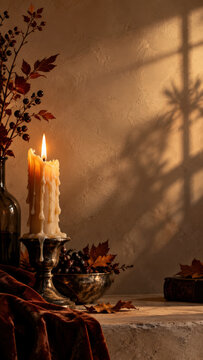 Dripping Ivory Candles and Long Autumn Shadows on Warm Plaster for Vertical Halloween Design