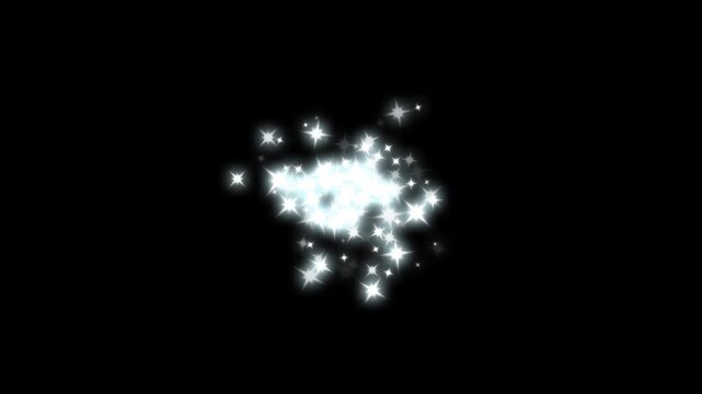 Sparkling stars shine animation on black screen background, glitter burst sparkle effect overlay, white cartoon doodle style blinking stars, glowing fairy dust trail, 4k seamless loop.