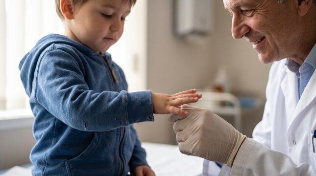 Doctor examining toddler hand during pediatric checkup visit