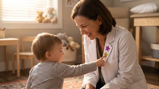 Pediatrician showing star stickers to toddler in clinic playroom
