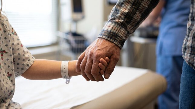 Adult holding young child hand in hospital room providing comfort
