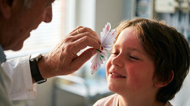 Doctor presenting daisy flower to young patient during medical visit