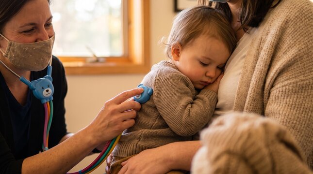Healthcare provider examining toddler with stethoscope during pediatric visit