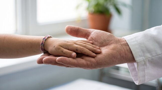 Healthcare provider holding patient hand with compassion, medical support