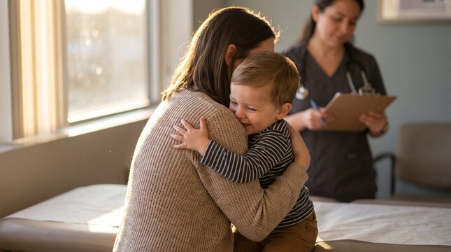 Mother holding toddler during pediatric examination in bright medical office