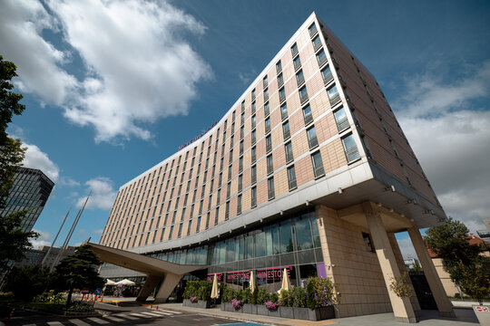 Poznan, Poland - July 8, 2026: Exterior of the Mercure Poznan Centrum, the former Hotel Merkury, a landmark postwar hotel in central Poznan.