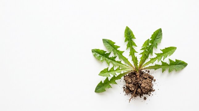A single dandelion plant with green leaves and roots attached to soil on a white background with serrated leaves