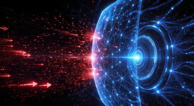 Futuristic digital shield blocking red attack arrows with a blue network mesh, particle streams and glowing rings symbolizing cyber defense and data protection