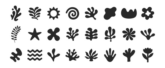 Obraz premium Abstract organic floral and tropical nature icon set with minimalist boho leaf, coral and botanical shapes in solid vector style