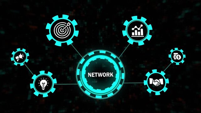 abstract visualization of a global business network with central "network" text & strategic elements. abstract visualization of a global business network with central network text & strategic elements