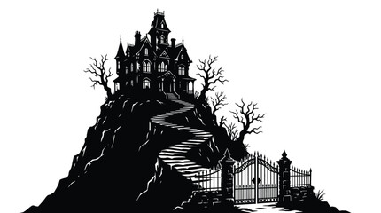 Obraz premium Haunted vector mansion on hill with spooky stairs and gate in black and white illustration
