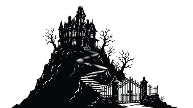 Haunted vector mansion on hill with spooky stairs and gate in black and white illustration