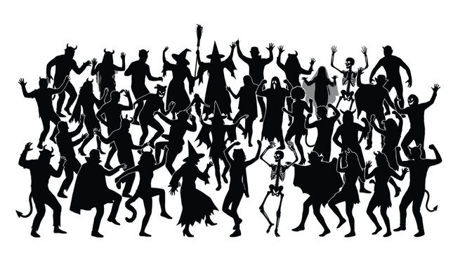 Halloween vector illustration featuring silhouettes of dancing monsters, witches, and skeletons celebrating together