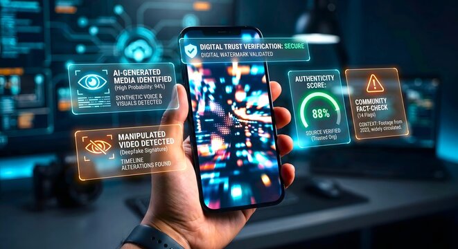 Hand Holding Smartphone With Content Authenticity Floating Panels