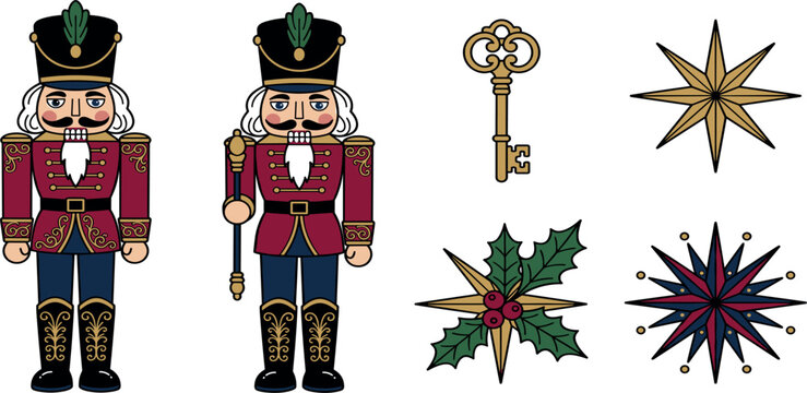 Vintage Christmas nutcracker vector set with traditional soldier figures key holly and decorative stars
