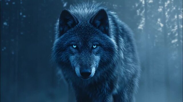 Intense portrait of wild grey wolf with glowing blue eyes in winter night