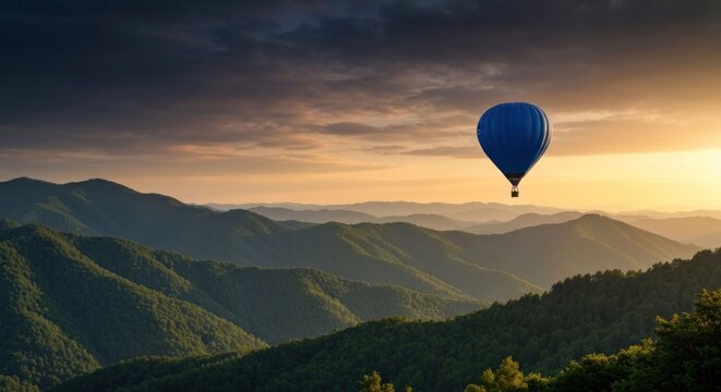 Serene sunrise over rolling hills with a lone blue hot air balloon gracefully floating