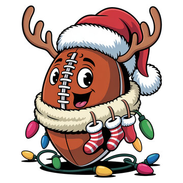 Cute cartoon football wearing a Santa hat and reindeer antlers for Christmas transparent background