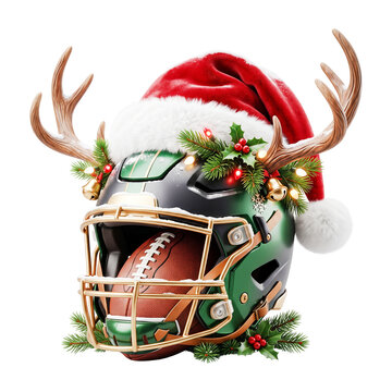 American football helmet decorated with christmas santa hat and reindeer antlers transparent background