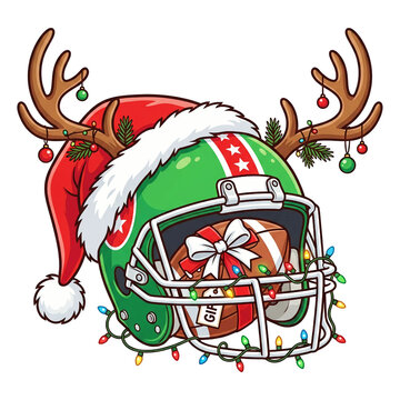 American football helmet with Santa hat and reindeer antlers transparent background