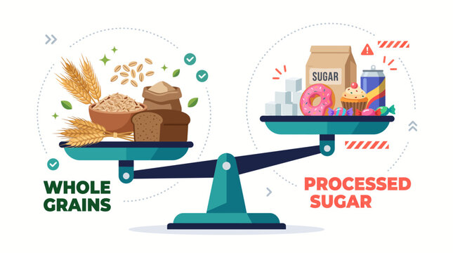 Illustration showing a balance scale comparing healthy whole grains versus unhealthy processed sugar and sweets.
