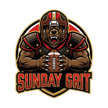 Fierce bear mascot playing American football vector illustration transparent background
