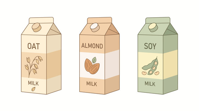 Set of three cartons of plant based milk including oat almond and soy milk.
