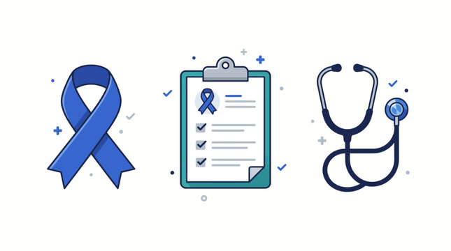 Set of blue ribbon awareness symbols with medical clipboard and stethoscope icons.