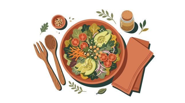 A top down view of a fresh vegetable salad bowl with avocado and tomatoes.