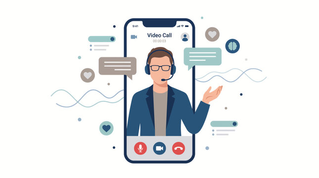 Flat vector illustration of a man participating in a professional video conference call on a smartphone screen.