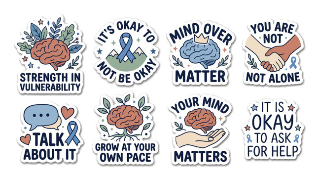 Set of mental health awareness stickers with inspirational quotes and brain illustrations.